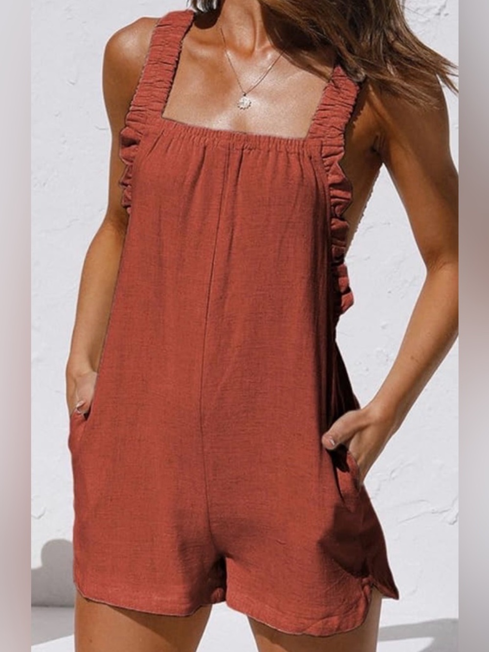 Rust Orange Ruffle Romper - Picture 2 of 5